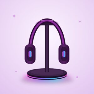 Purple over-ear headset resting on a black headphone stand with a glowing RGB base