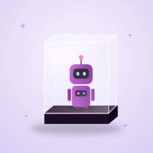 Clear acrylic display case on a black base holding a small robot figure