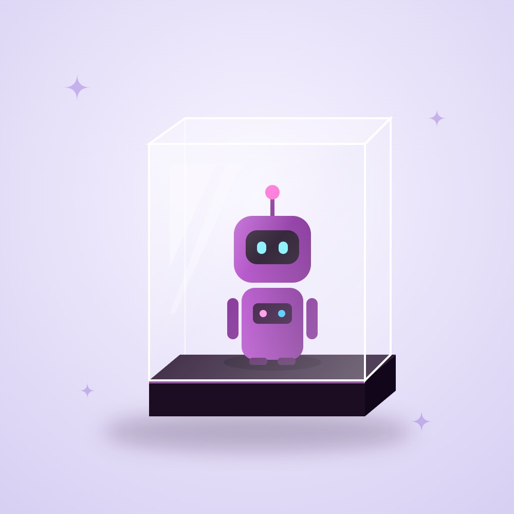Clear acrylic display case on a black base holding a small robot figure