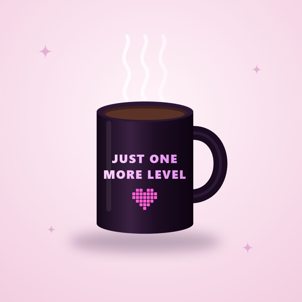 Matte black ceramic mug with a JUST ONE MORE LEVEL print and pixel heart
