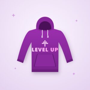Purple hoodie with a pink pixel arrow and LEVEL UP print