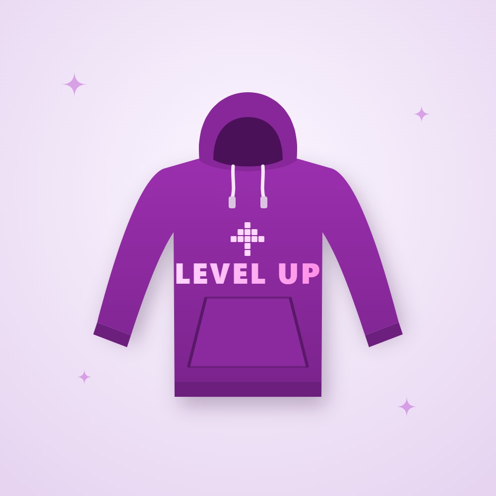 Purple hoodie with a pink pixel arrow and LEVEL UP print