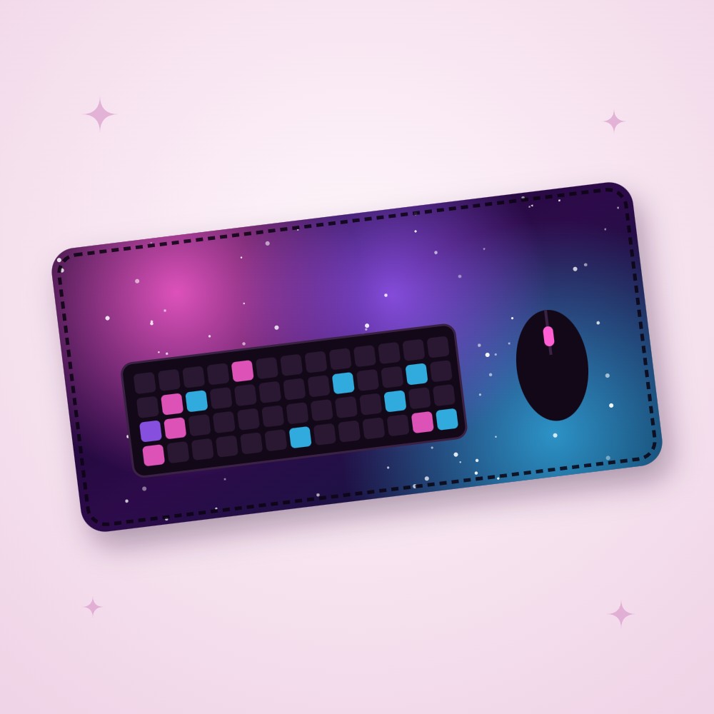 Extra-large galaxy print desk mat with a keyboard and mouse on top