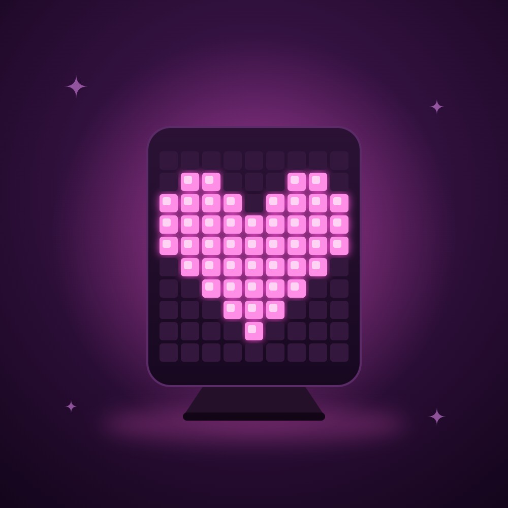 Square pixel-art lamp glowing with a pink heart